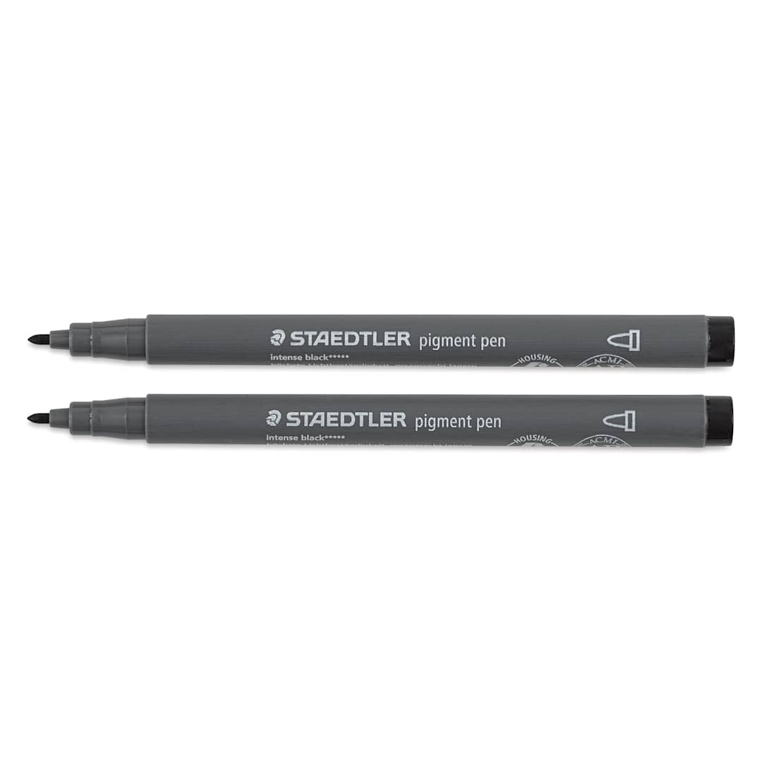 Open in modal - Staedtler Pigment Arts Pens - Intense Black, 1 mm, two bullet-tip pens laid out with no caps