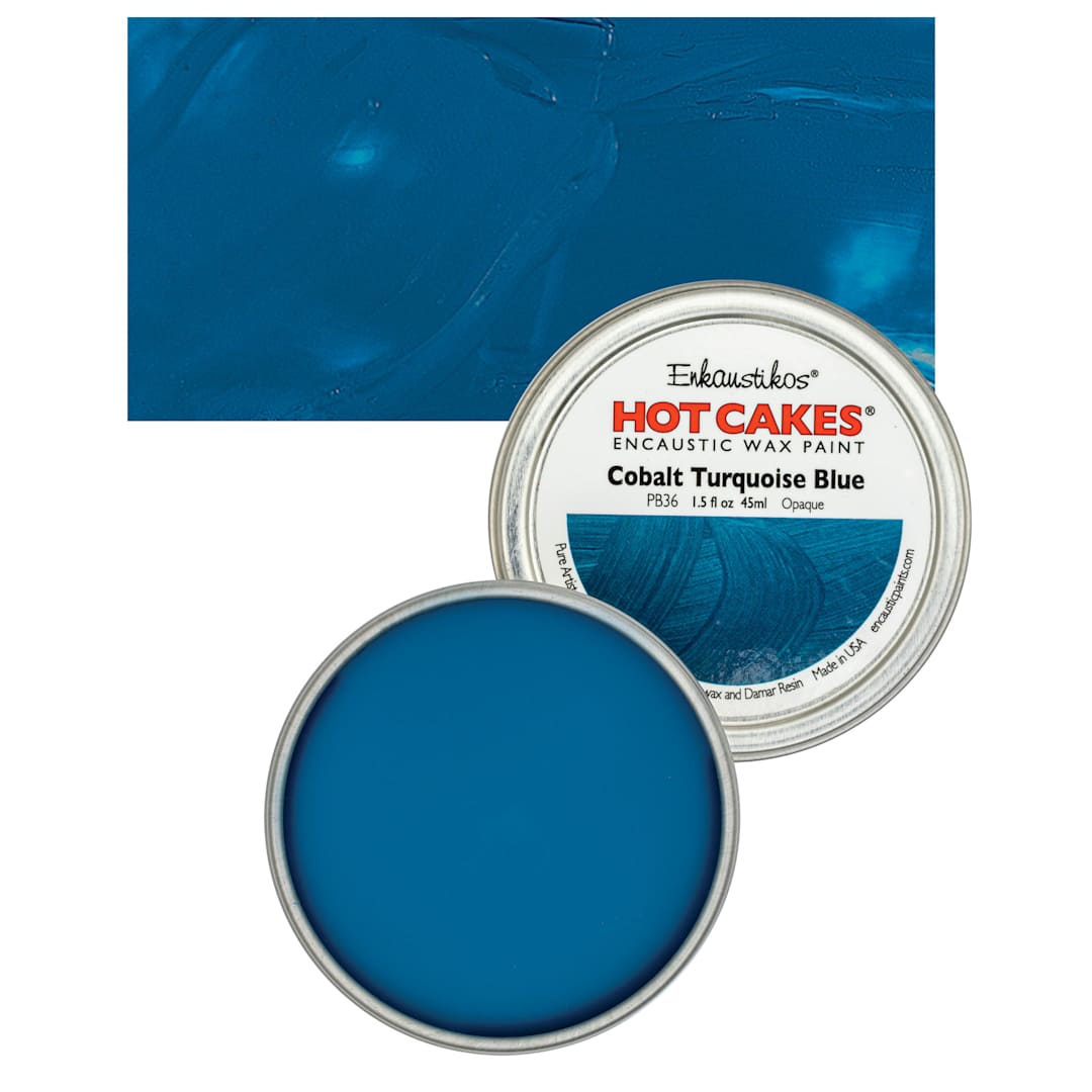 Open in modal - Enkaustikos Hot Cakes Encaustic Wax Paint - Cobalt Turquoise Blue, 45 ml tin and swatch