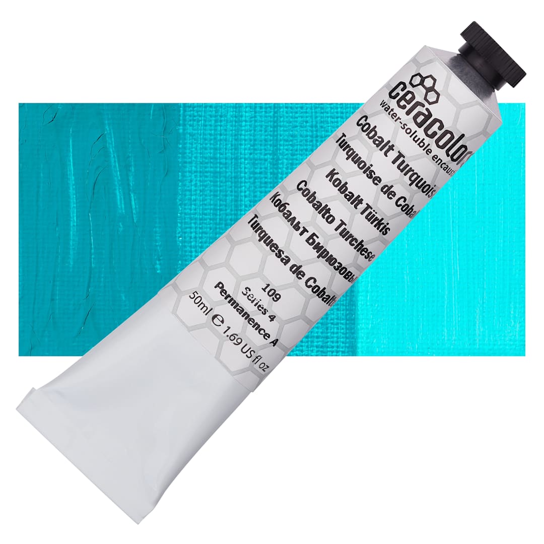 Open in modal - Ceracolors Waterborne Wax Paint - Cobalt Turquoise - Tube and Swatch