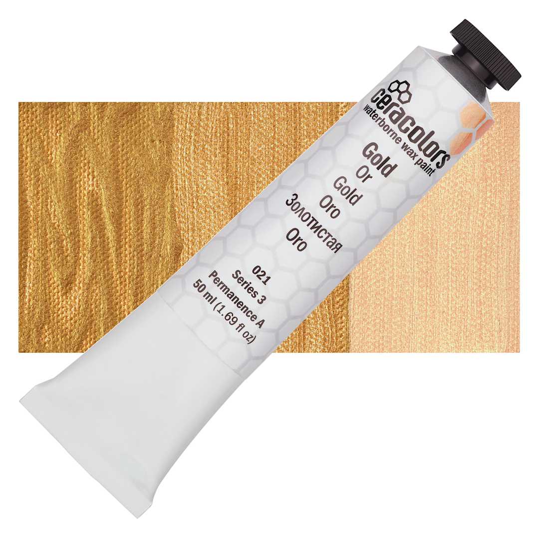 Open in modal - Ceracolors Waterborne Wax Paint - Gold, 50 ml - Tube and Swatch