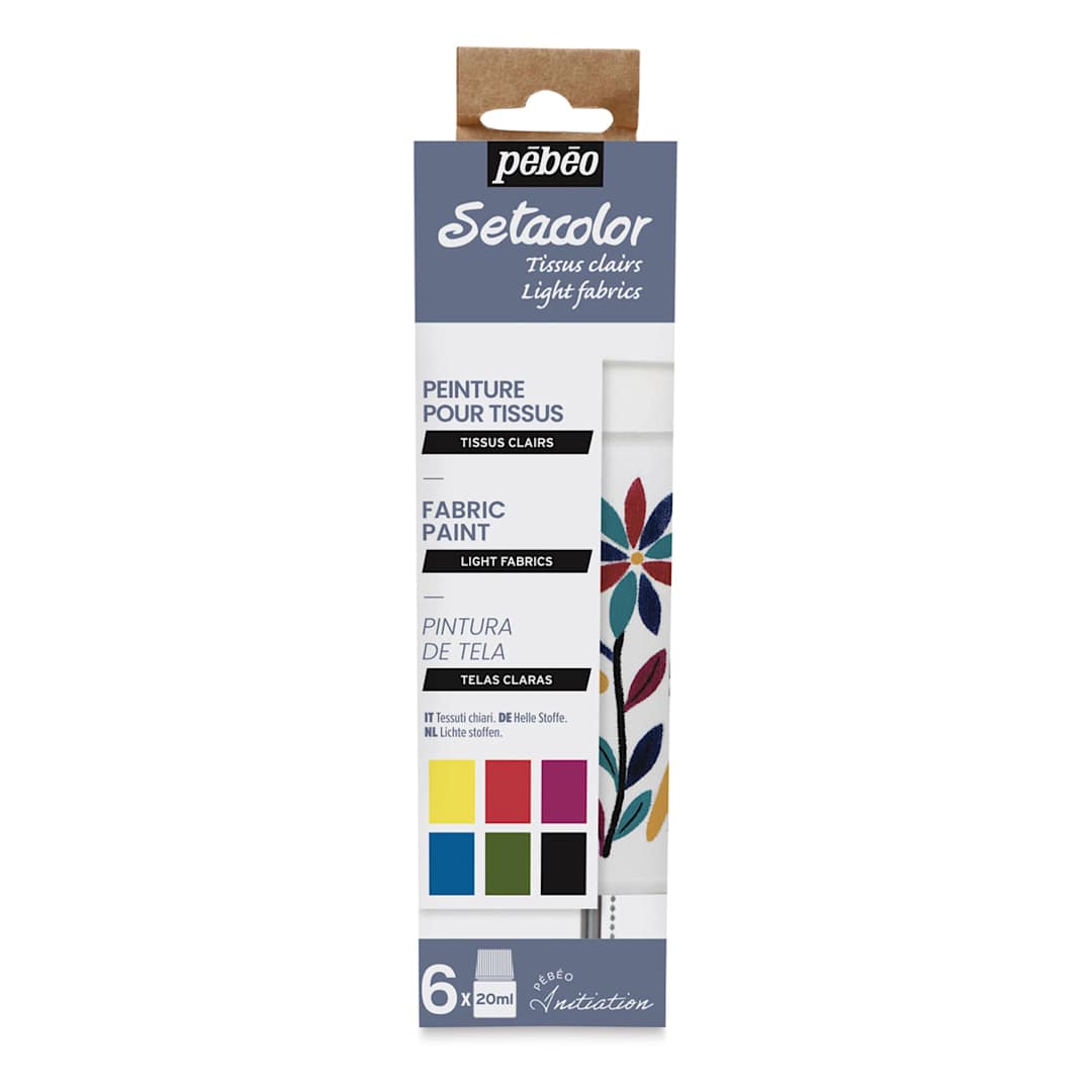 Open in modal - Pebeo Setacolor Fabric Paint - Front of package of Light Fabrics set of 6 colors 
