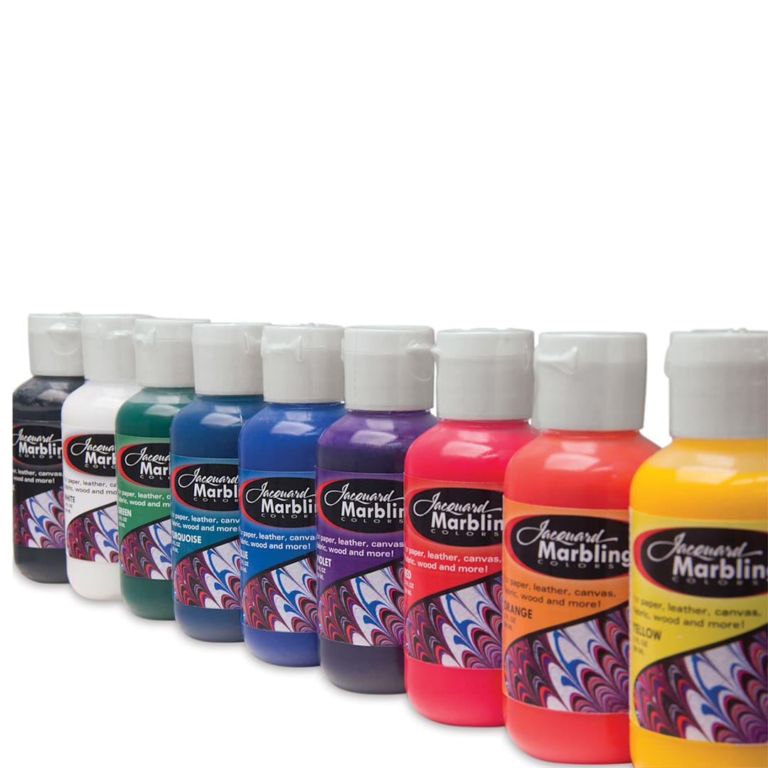 Open in modal - Jacquard Marbling Colors and Kits - Row of Bottles showing the 9 colors available 