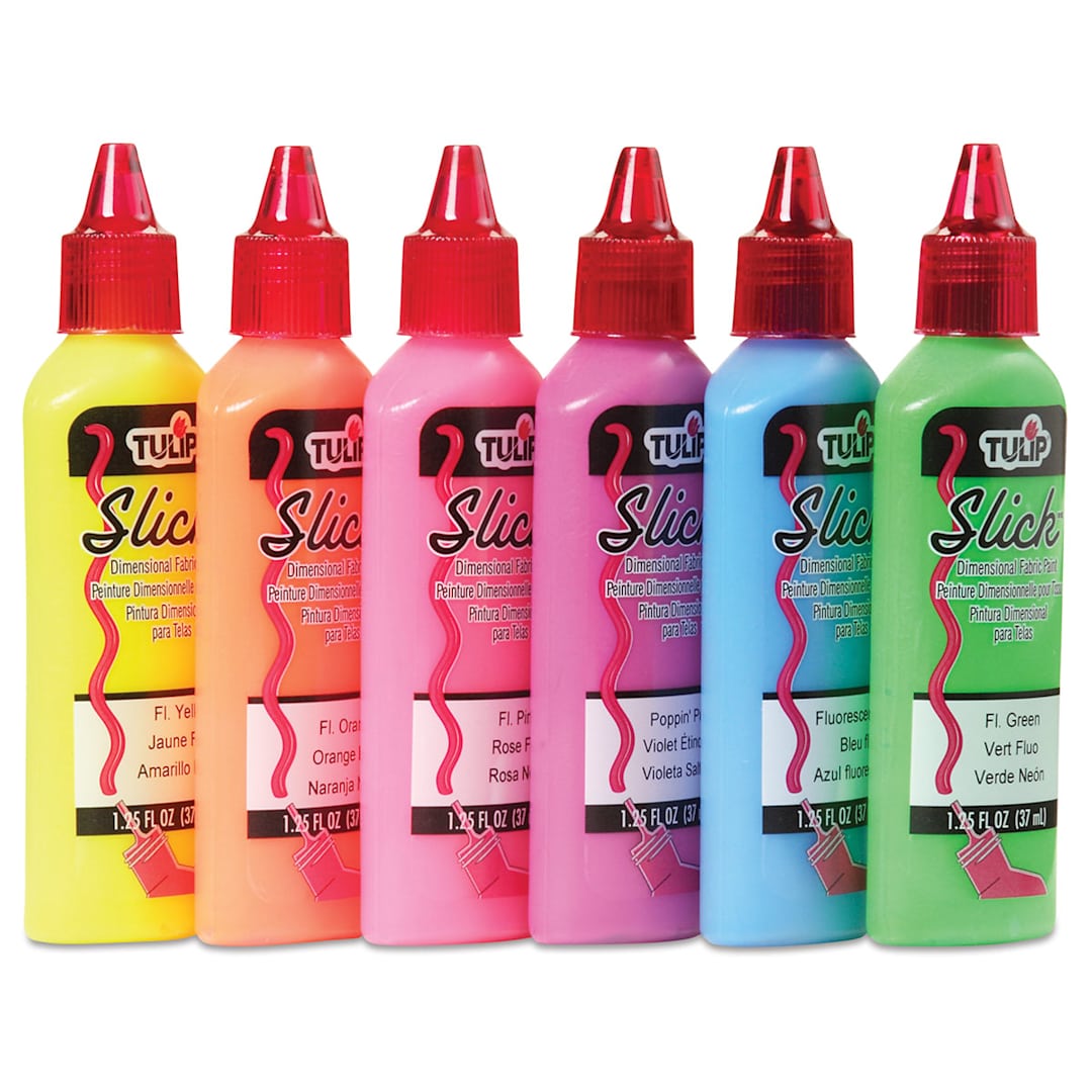 Open in modal - Tulip Dimensional Fabric Paint Set - Neon, Set of 6 (Side view of bottles)