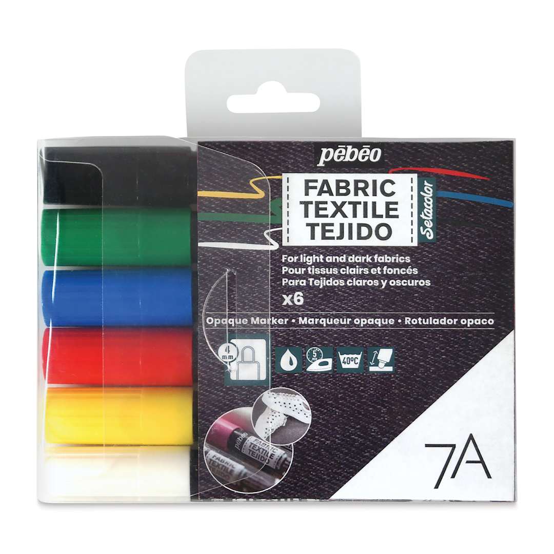Open in modal - Pebeo 7A Opaque Fabric Markers - Set of 6, Classic Colors, 4 mm (Front of packaging)