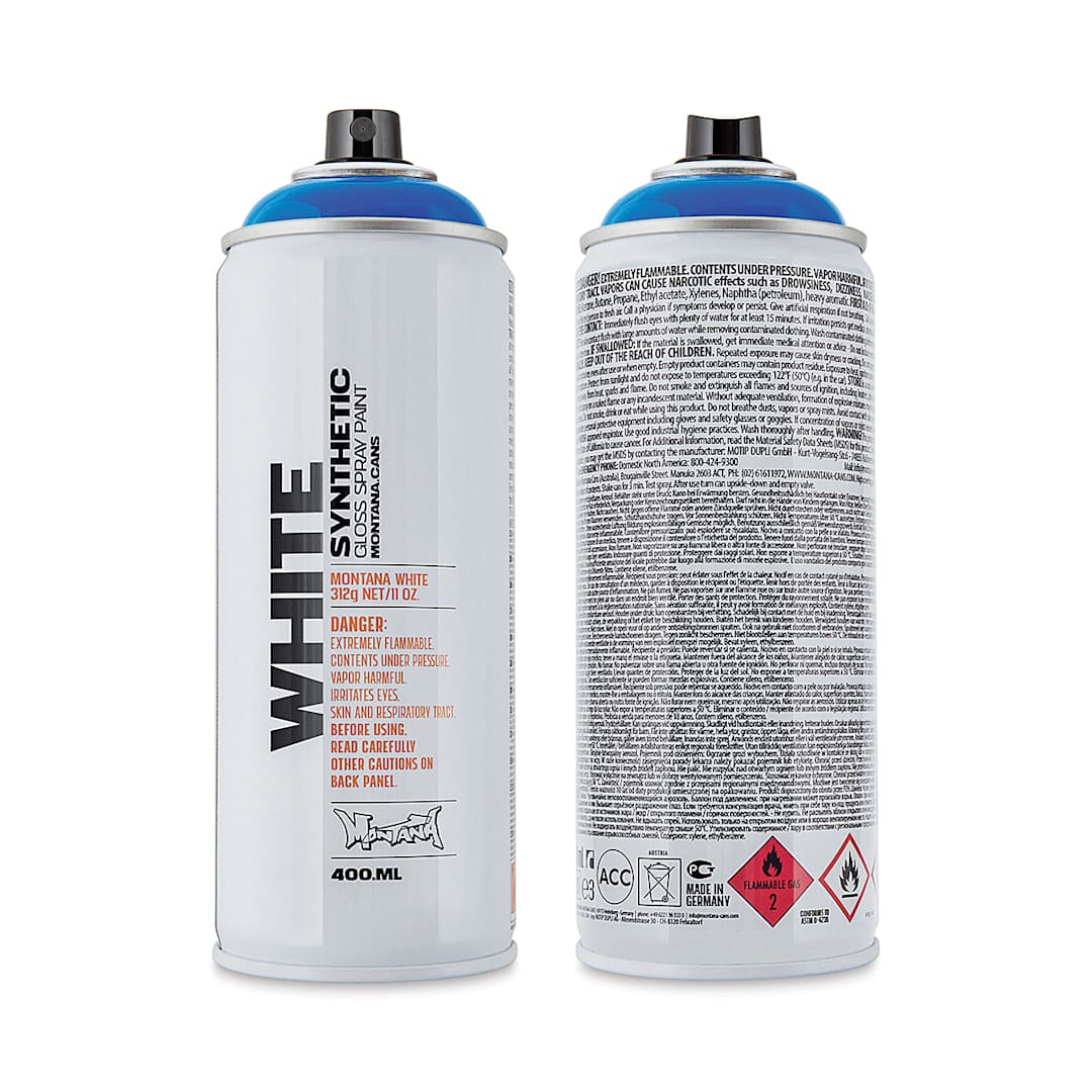 Open in modal - Montana White Spray Paint - Bavaria Blue, 400 ml (Front and back of spray can)