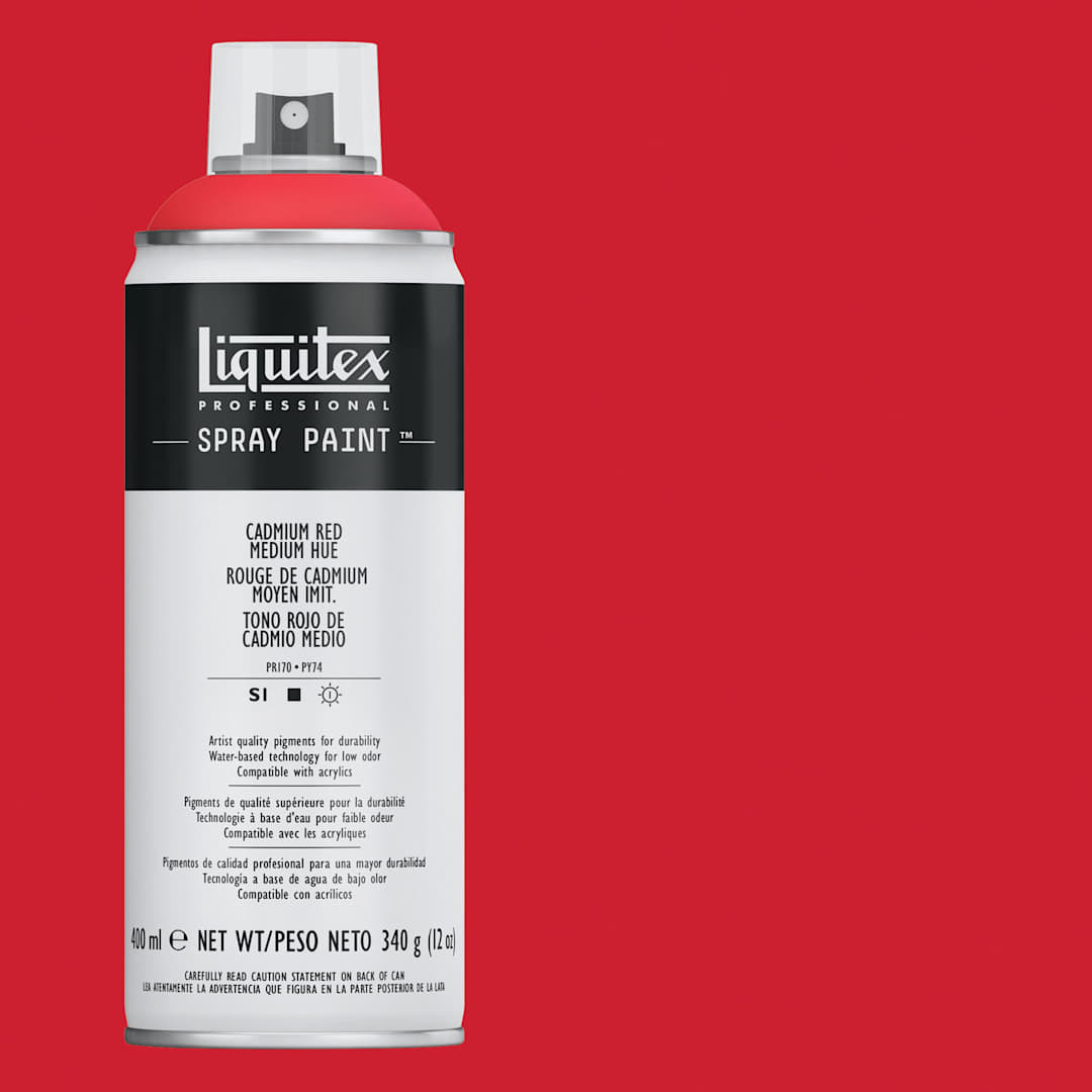Open in modal - Liquitex Professional Spray Paint - Cadmium Red Medium Hue, 400 ml can and swatch