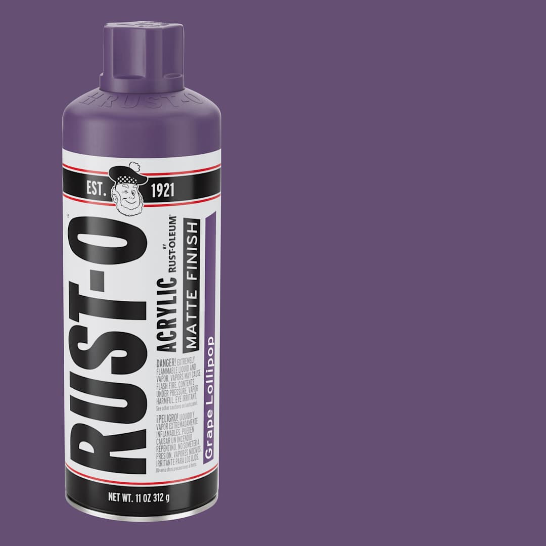 Open in modal - Rust-Oleum Rust-O Artist Acrylic Spray Paint - Grape Lollipop, Can and Swatch