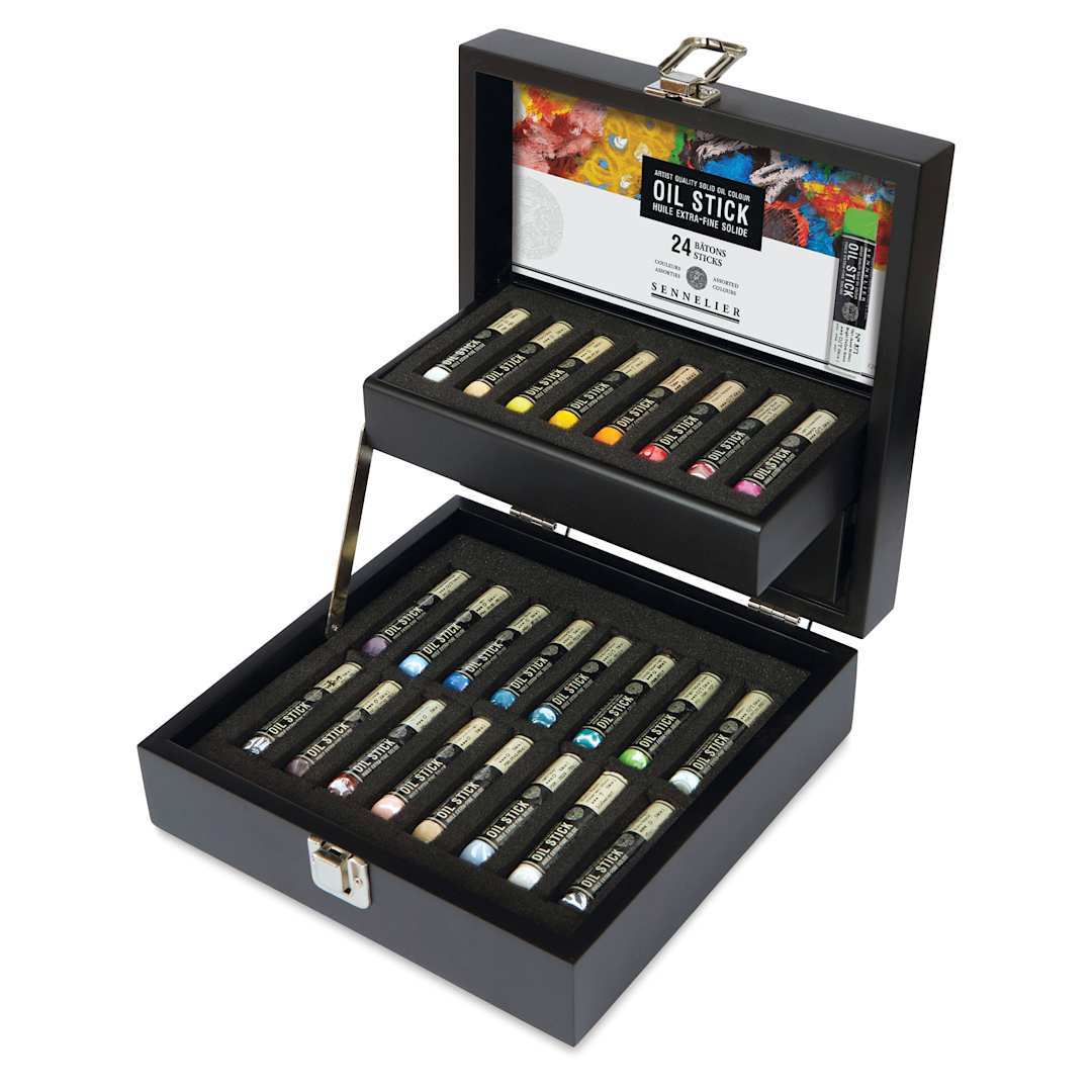 Open in modal - Sennelier Artists' Oil Sticks - Set of 24, Assorted Colors, Wood Box open with tray lifted