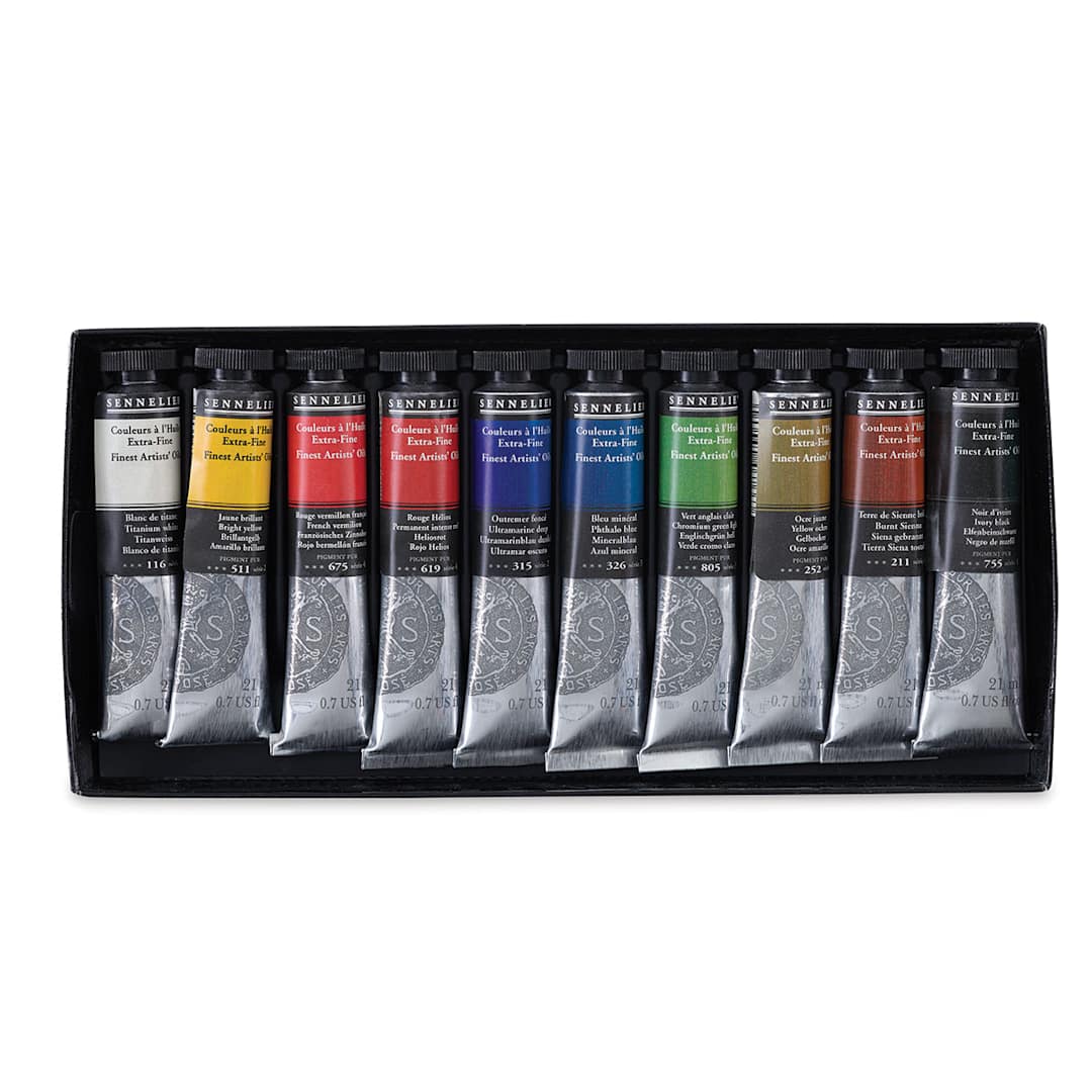 Open in modal - Sennelier Artists' Extra Fine Oil Paint - Components of 10pc Set shown in tray