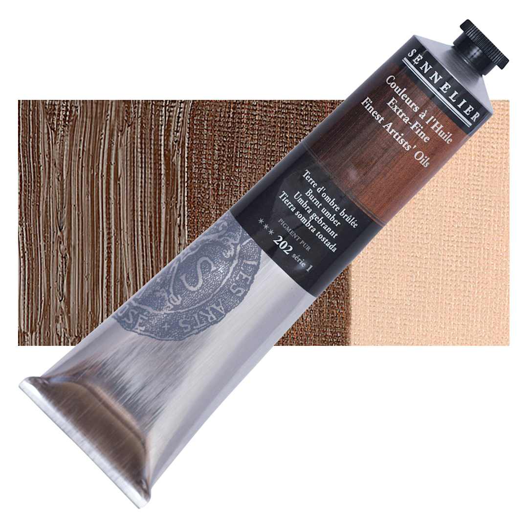 Open in modal - Sennelier Artists' Extra Fine Oil Paint - Burnt Umber, 200 ml tube and swatch