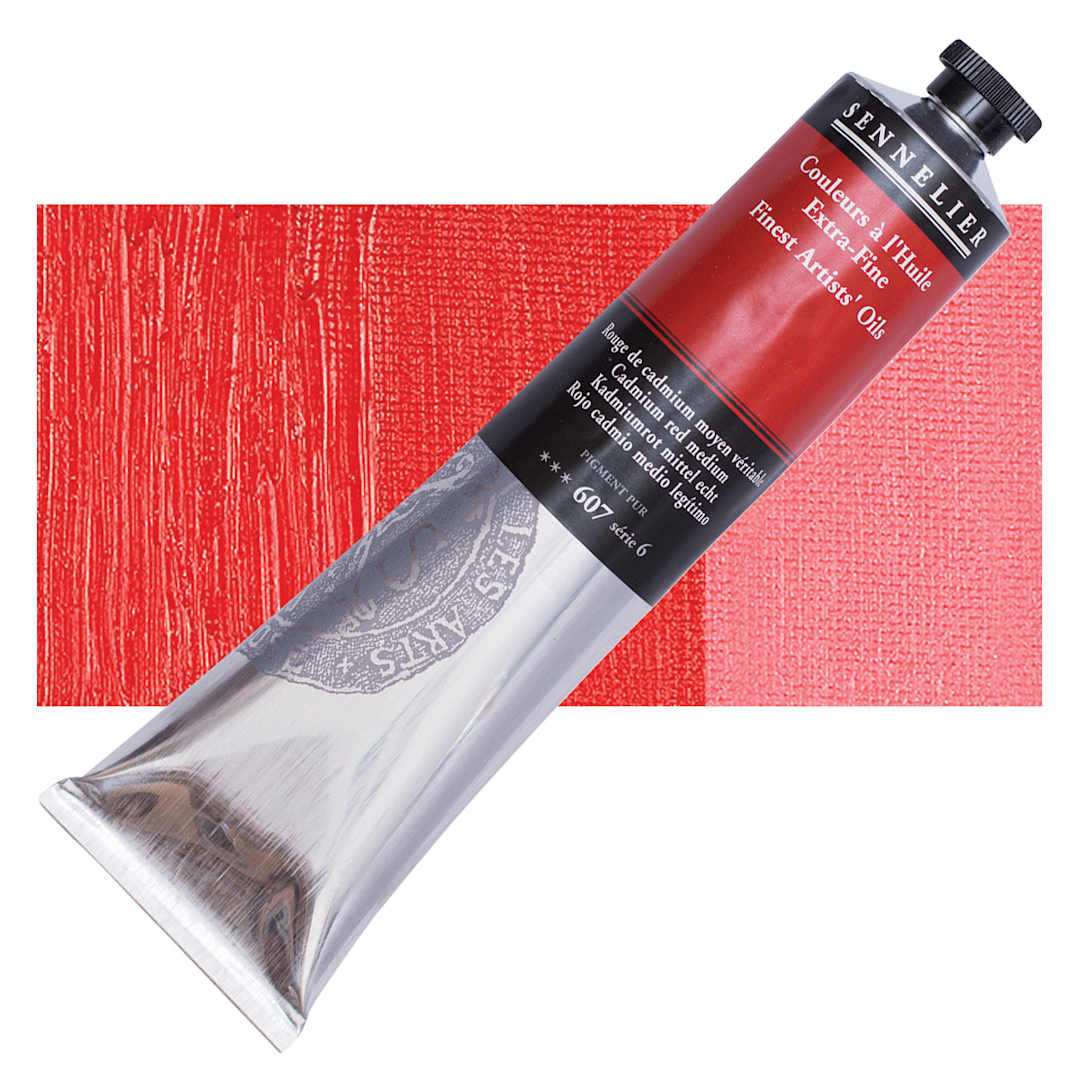 Open in modal - Sennelier Artists' Extra Fine Oil Paint - Cadmium Red Medium, 200 ml tube and swatch