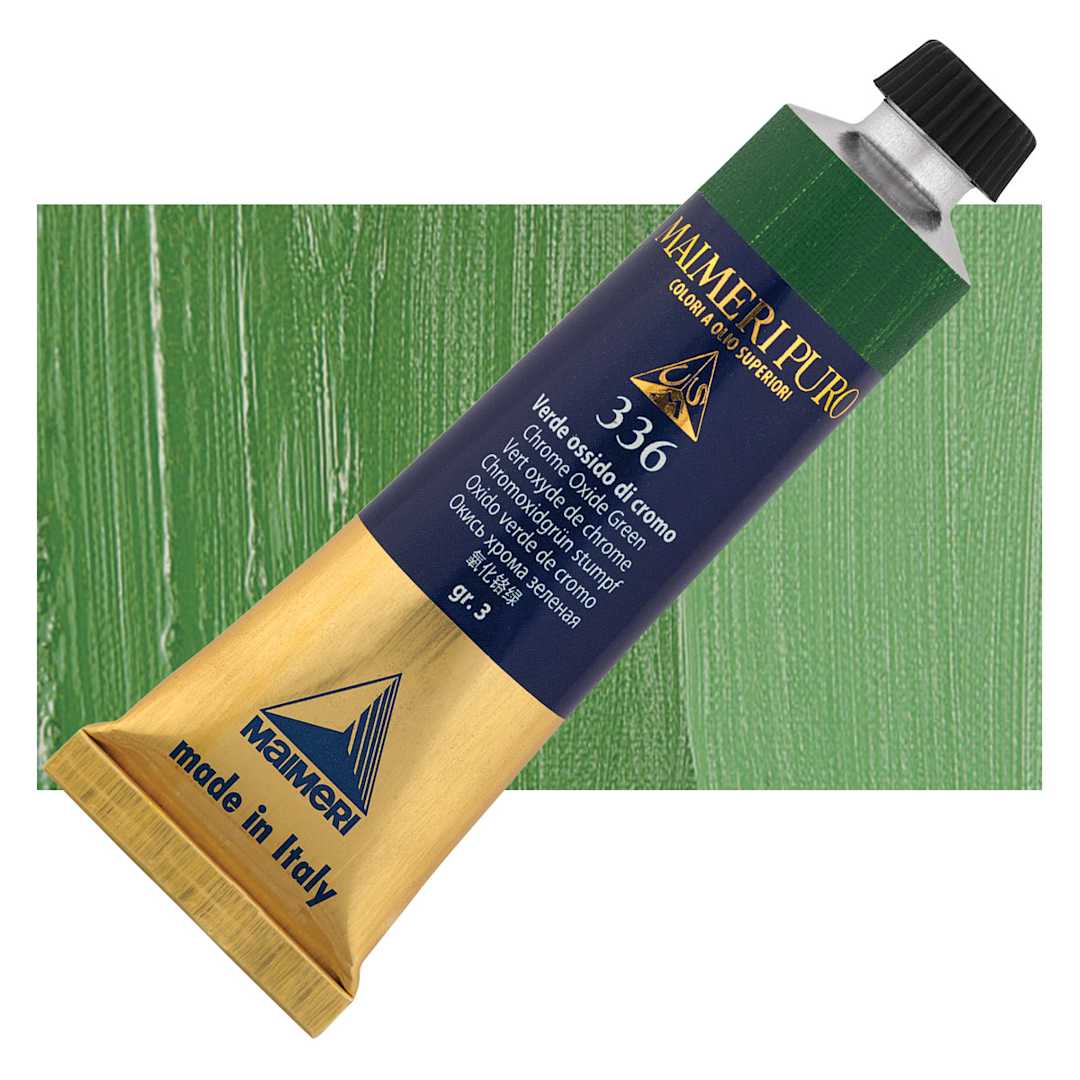 Open in modal - Maimeri Puro Oil Color - Chrome Oxide Green, 40 ml tube and swatch