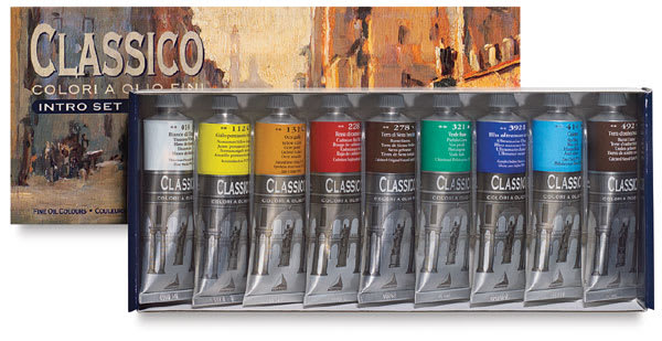 Open in modal - Maimeri Classico Oil Paint Sets - 9 60 ml Tube Intro Set shown in package with lid adjacent