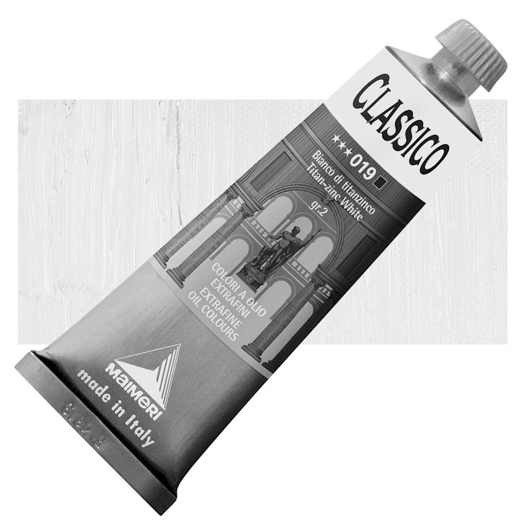 Open in modal - Maimeri Classico Oil Color - Titanium Zinc White, 60 ml tube and swatch