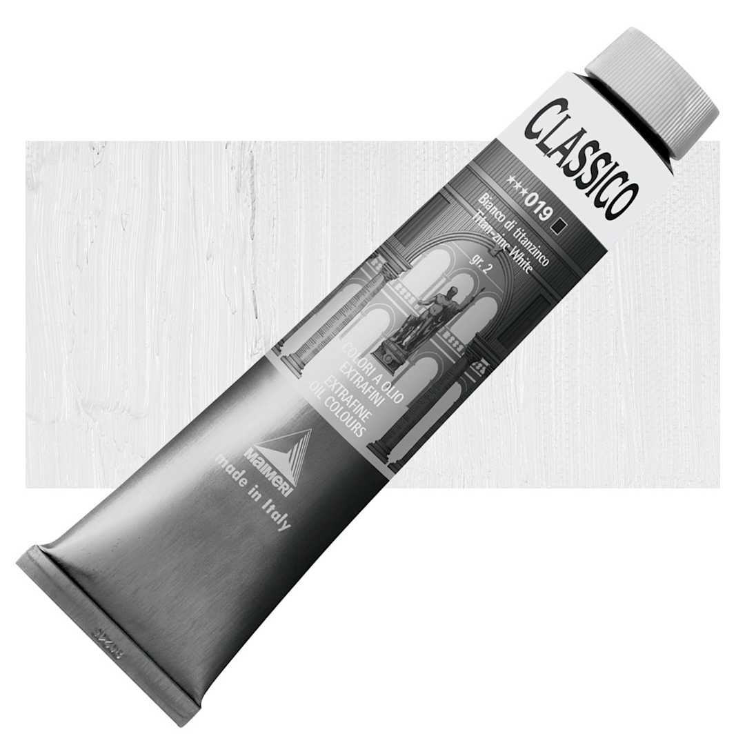 Open in modal - Maimeri Classico Oil Color - Titanium Zinc White, 200 ml tube and swatch