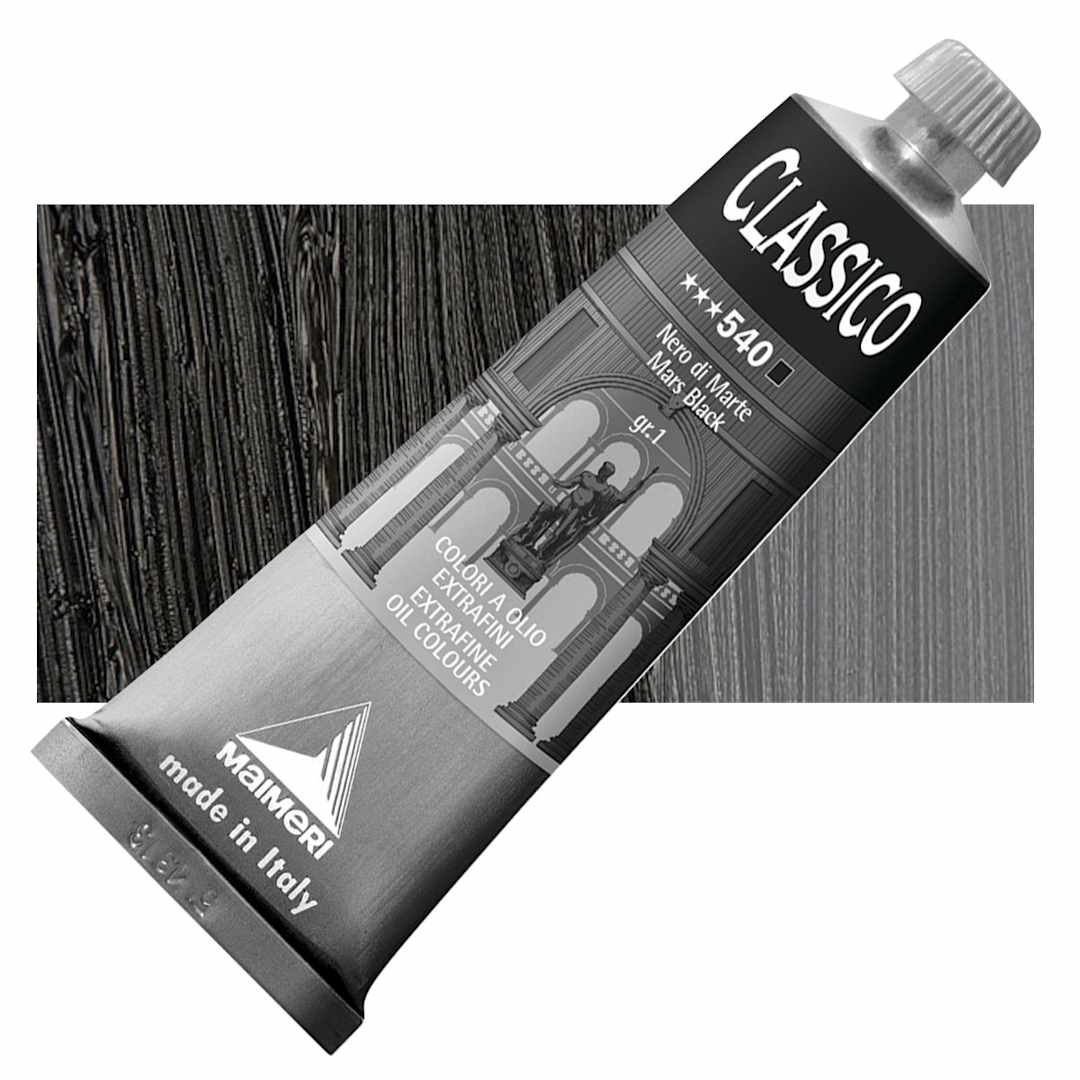 Open in modal - Maimeri Classico Oil Color - Mars Black, 60 ml tube and swatch