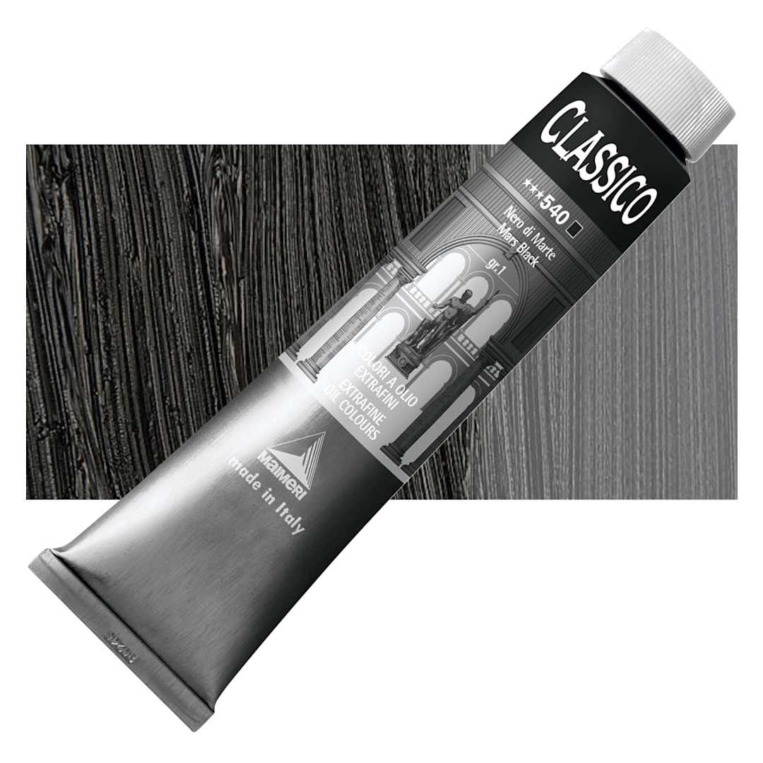 Open in modal - Maimeri Classico Oil Color - Mars Black, 200 ml tube and swatch