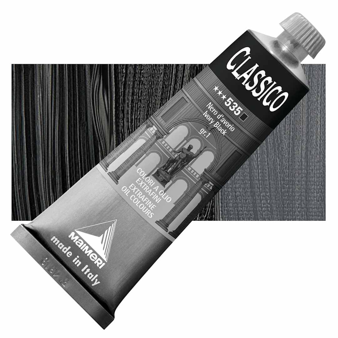 Open in modal - Maimeri Classico Oil Color - Ivory Black, 60 ml tube and swatch