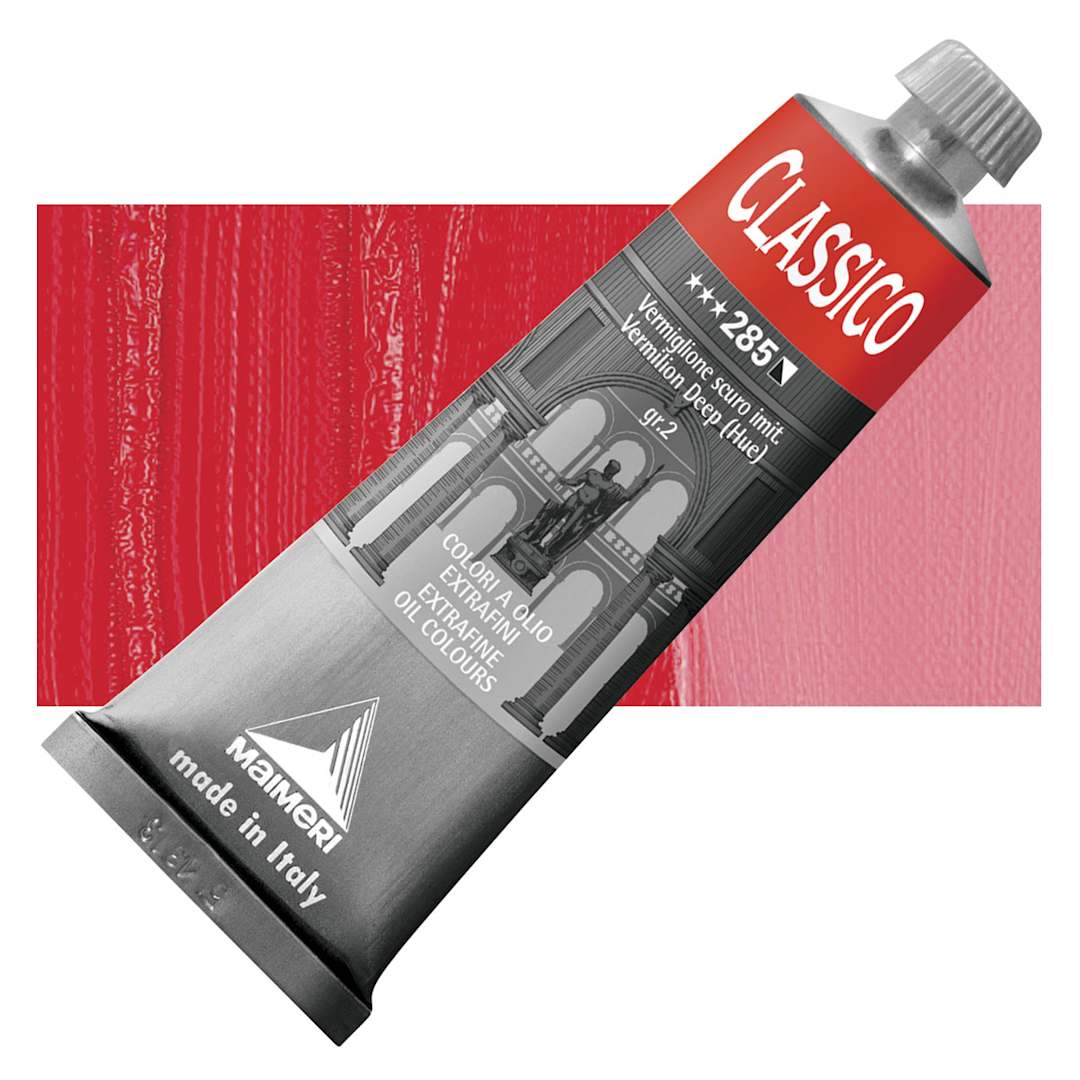 Open in modal - Maimeri Classico Oil Color - Vermilion Deep (Hue), 60 ml tube and swatch