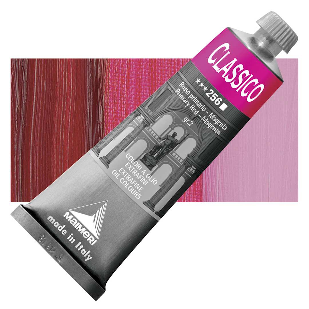 Open in modal - Maimeri Classico Oil Color - Primary Red - Magenta, 60 ml tube and swatch