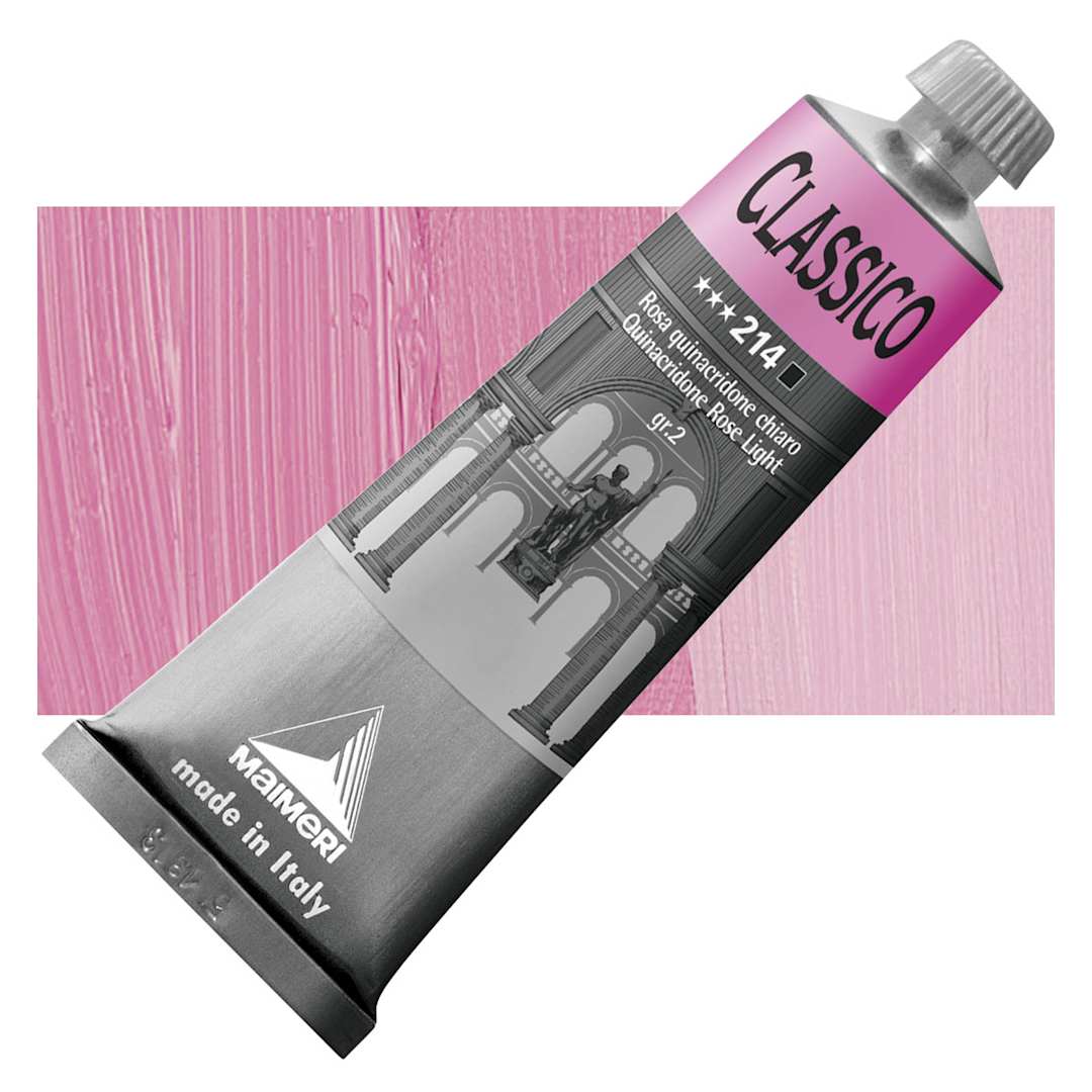 Open in modal - Maimeri Classico Oil Color - Quinacridone Rose Light, 60 ml tube and swatch