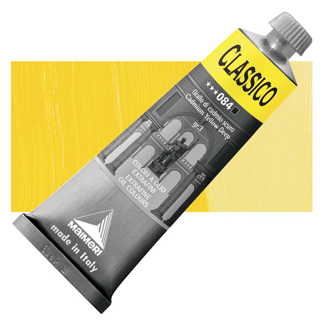 Open in modal - Maimeri Classico Oil Color - Cadmium Yellow Deep, 60 ml tube and swatch