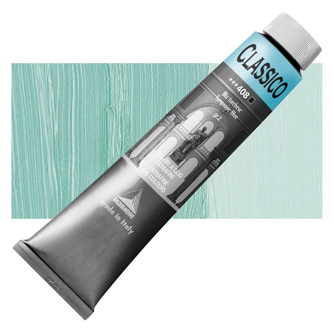 Open in modal - Maimeri Classico Oil Color - Turquoise Blue, 200 ml tube and swatch