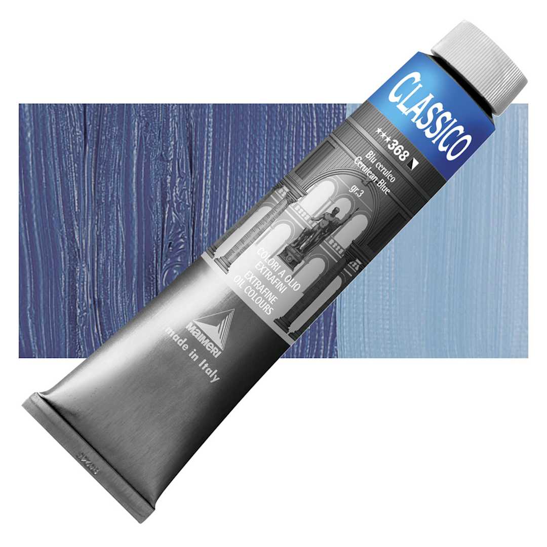 Open in modal - Maimeri Classico Oil Color - Cerulean Blue, 200 ml tube and swatch