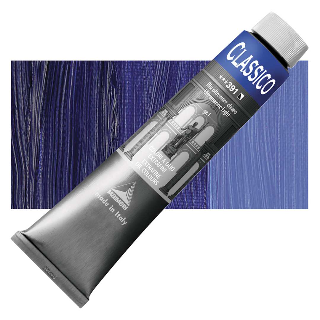 Open in modal - Maimeri Classico Oil Color - Ultramarine Light, 200 ml tube and swatch