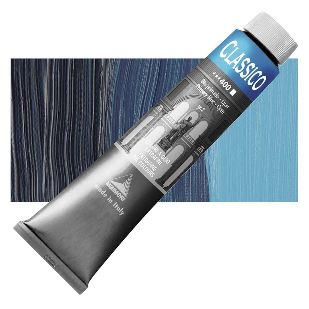 Open in modal - Maimeri Classico Oil Color - Primary Blue - Cyan, 200 ml tube and swatch