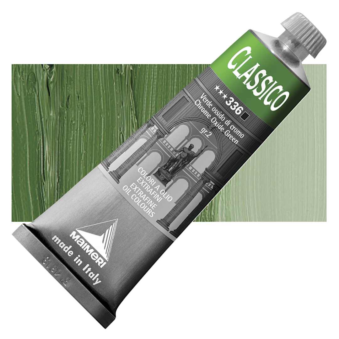 Open in modal - Maimeri Classico Oil Color - Chrome Oxide Green, 60 ml tube and swatch