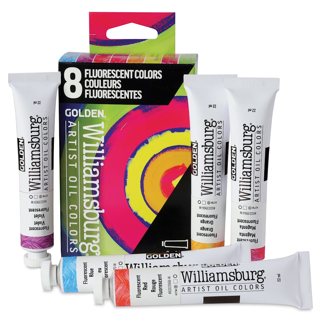 Open in modal - Williamsburg Handmade Oil Paints - Set of 8, Fluorescent, 22 ml Tubes, contents and packaging