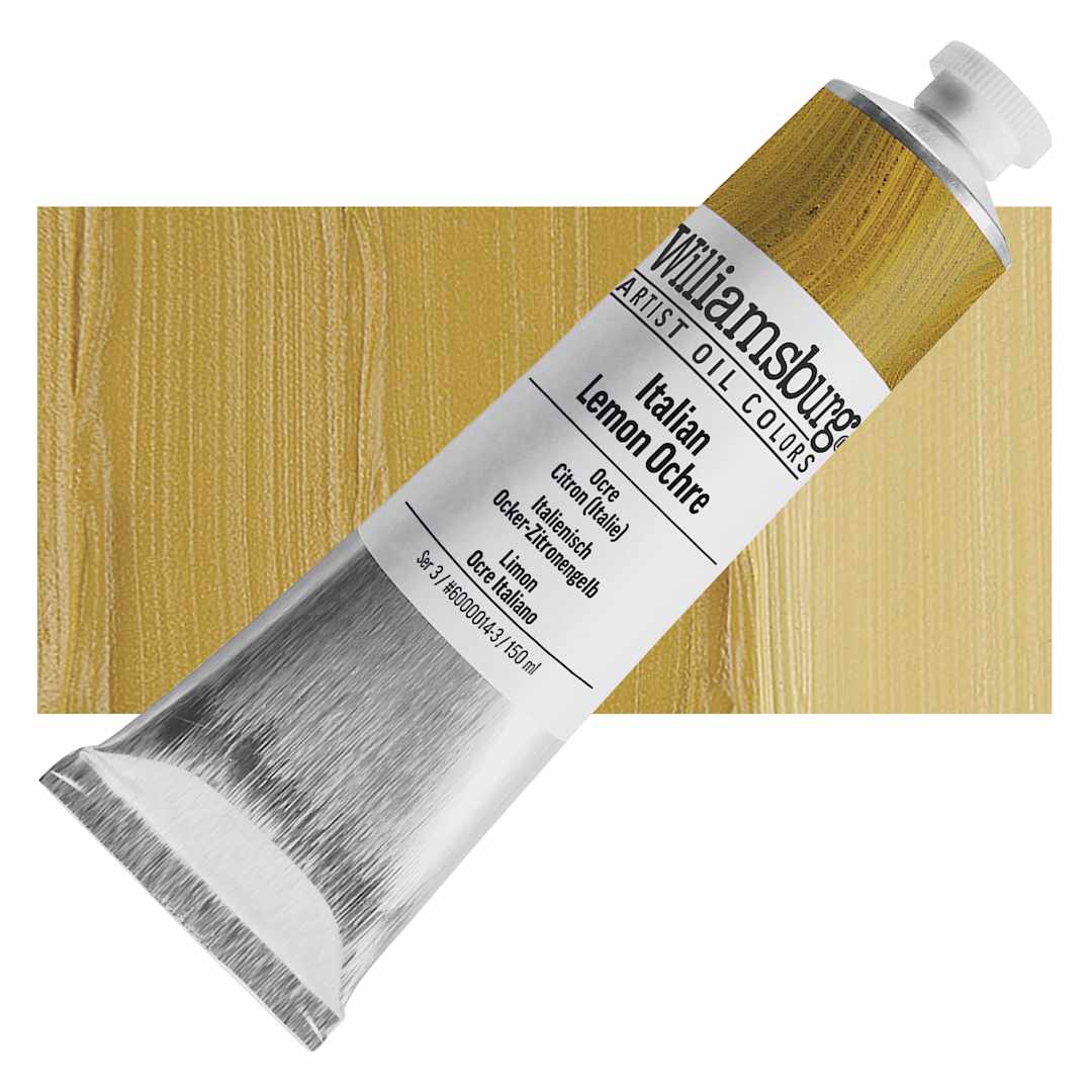 Open in modal - Williamsburg Handmade Oil Paint - Italian Lemon Ochre, 150 ml tube and swatch