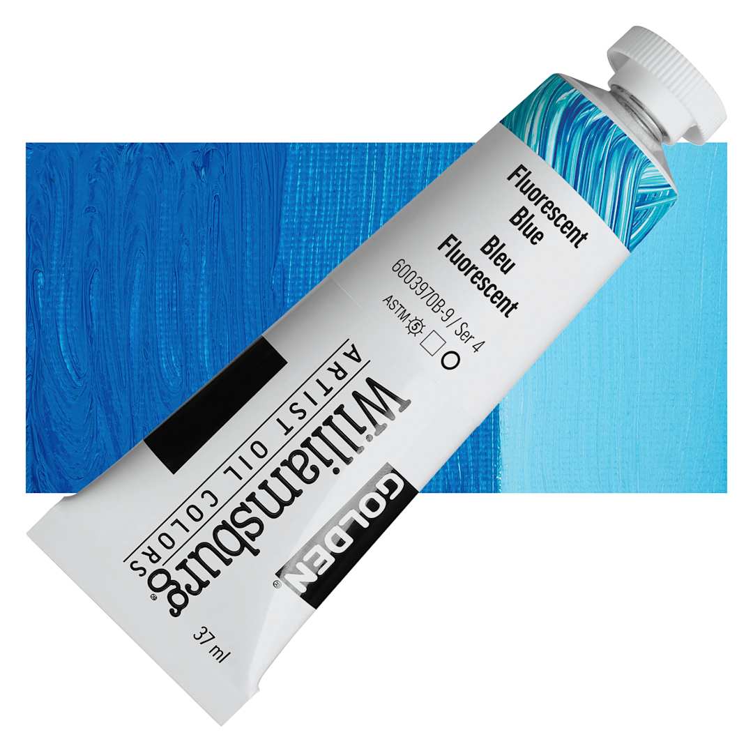 Open in modal - Williamsburg Handmade Oil Paint - Fluorescent Blue, 37 ml tube and swatch