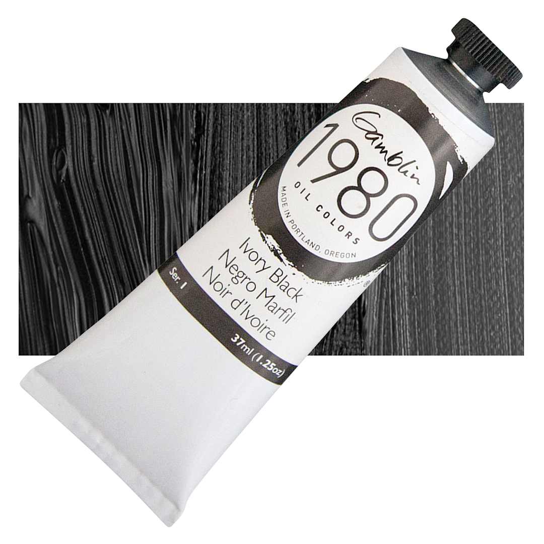 Open in modal - Gamblin 1980 Oil Paint - Ivory Black, 37 ml tube and swatch