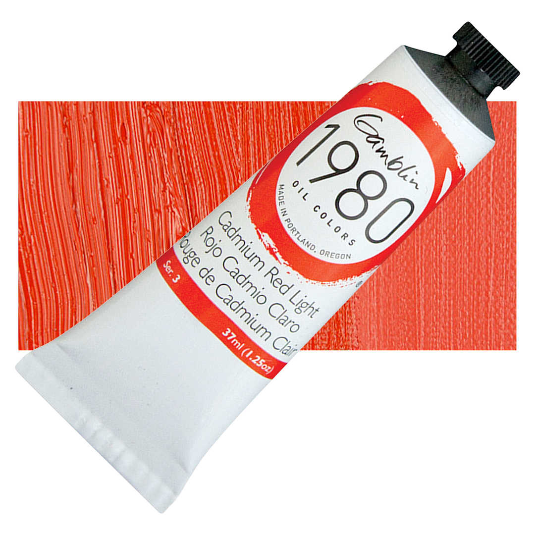 Open in modal - Gamblin 1980 Oil Paint - Cadmium Red Light, 37 ml tube and swatch