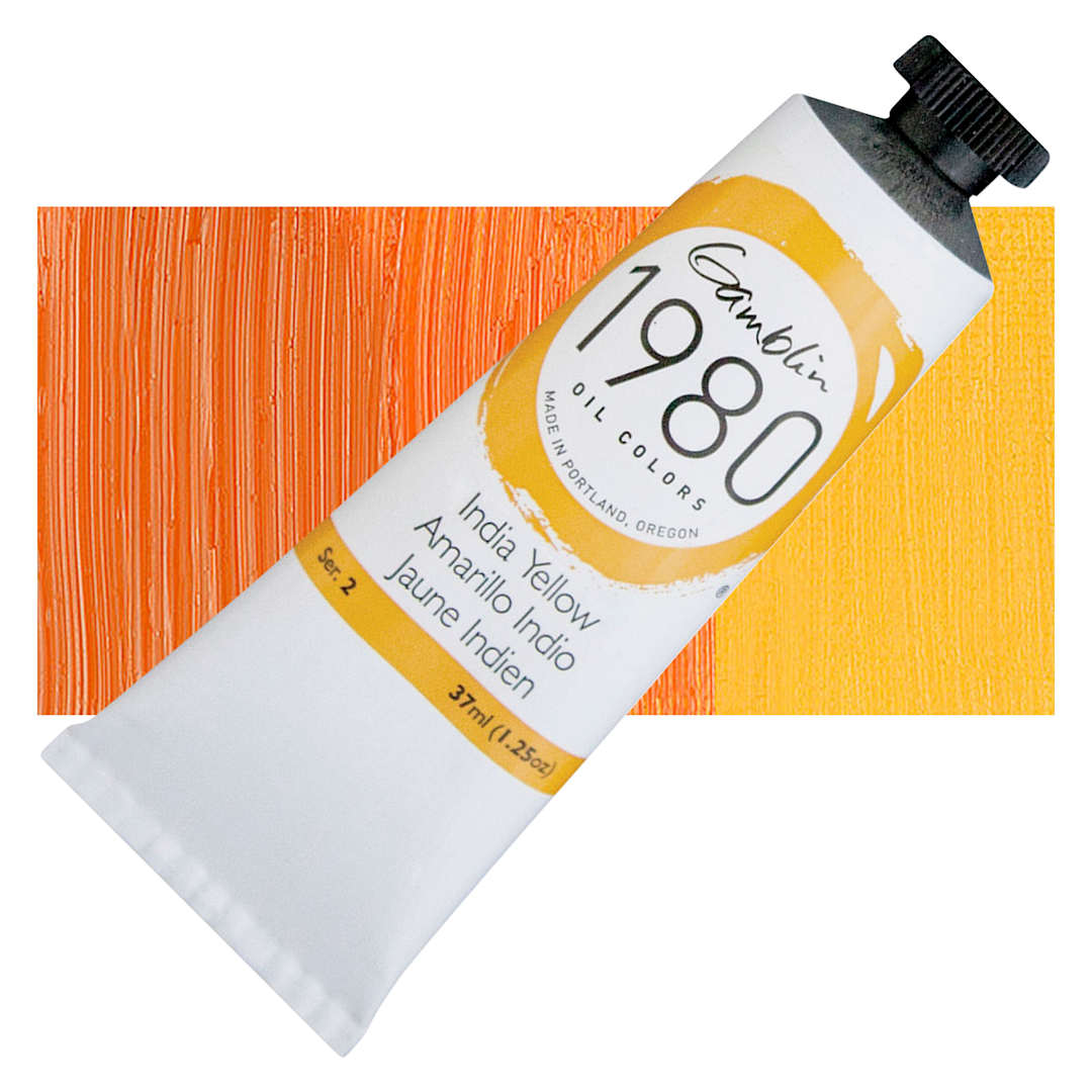 Open in modal - Gamblin 1980 Oil Paint - India Yellow, 37 ml tube and swatch