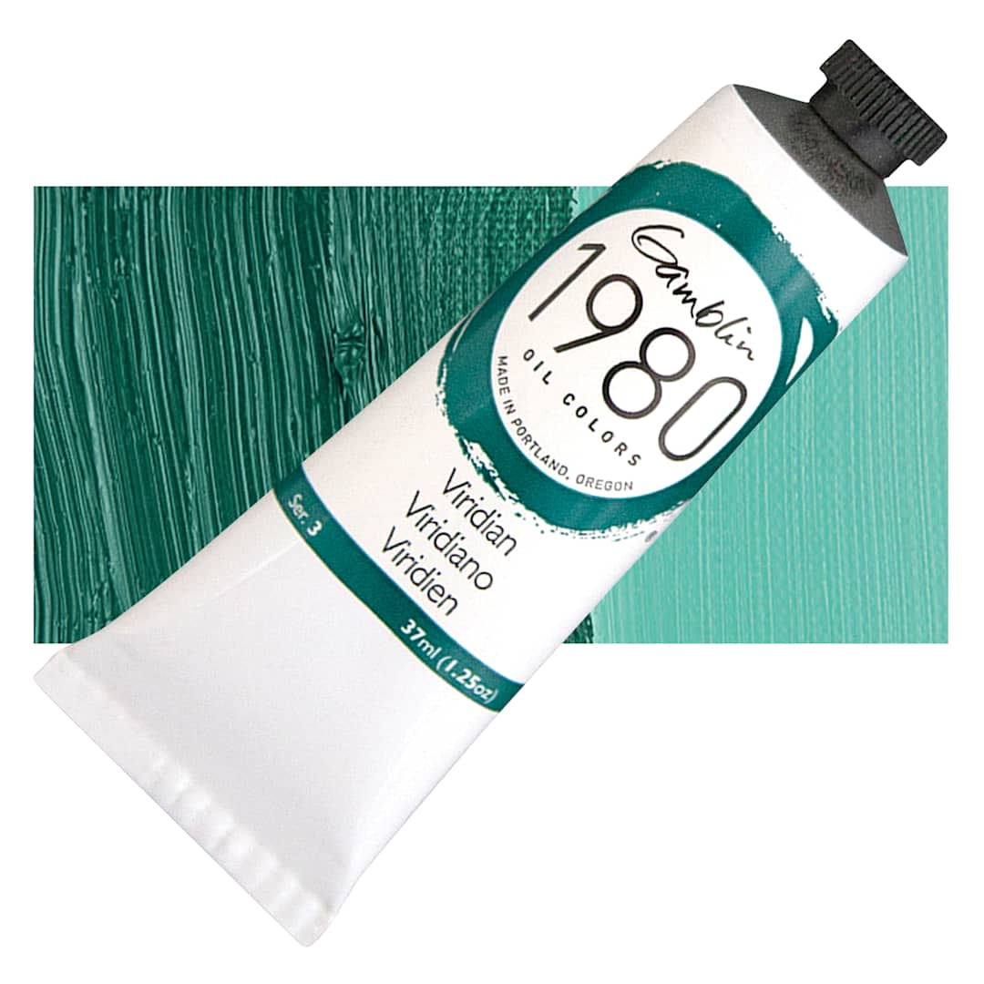 Open in modal - Gamblin 1980 Oil Paint - Viridian, 37 ml tube and swatch