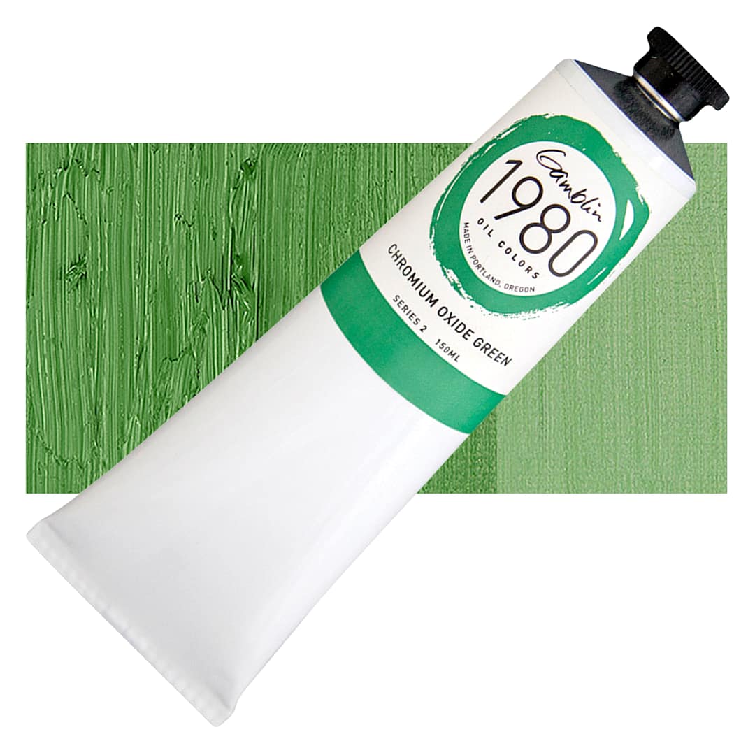 Open in modal - Gamblin 1980 Oil Paint - Chromium Oxide Green, 150 ml tube and swatch
