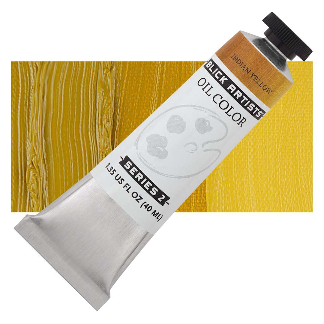 Open in modal - Blick Artists' Oil Paint - Indian Yellow, 40 ml tube and swatch