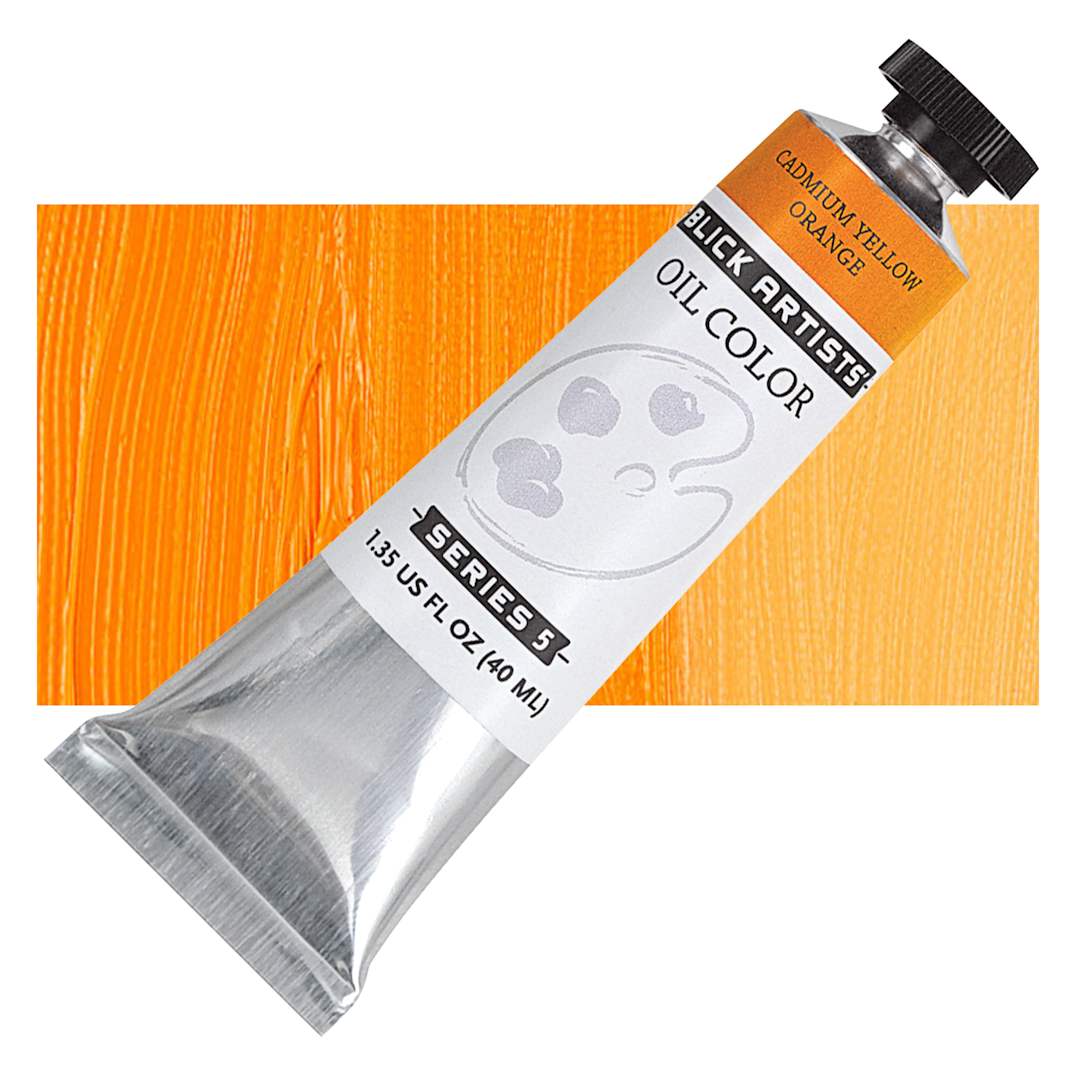 Open in modal - Blick Artists' Oil Paint - Cadmium Yellow Orange, 40 ml tube and swatch