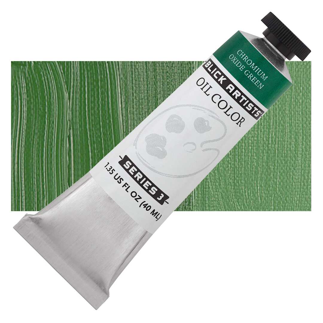 Open in modal - Blick Artists' Oil Paint - Chromium Oxide Green, 40 ml tube and swatch
