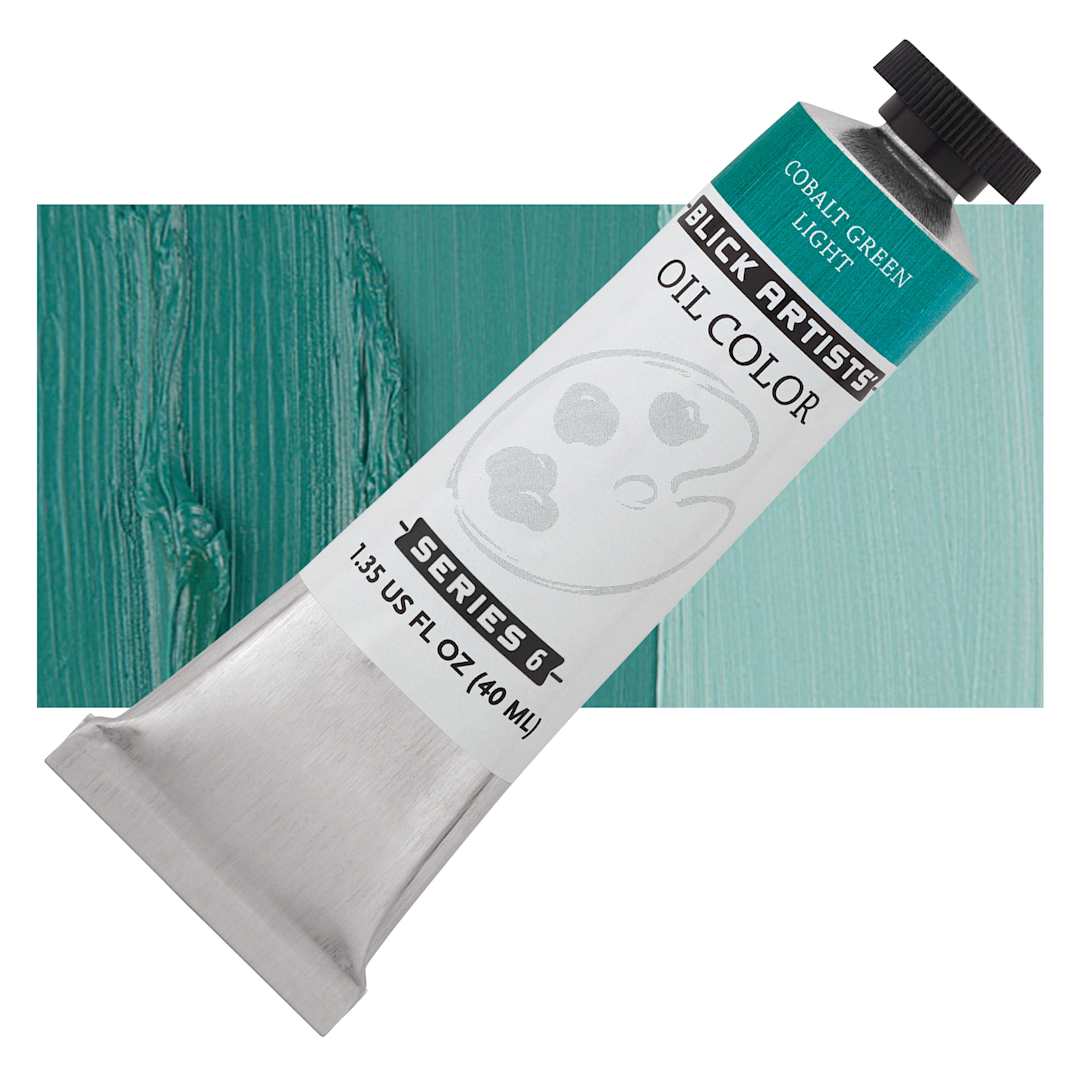 Open in modal - Blick Artists' Oil Paint - Cobalt Green Light, 40 ml tube and swatch