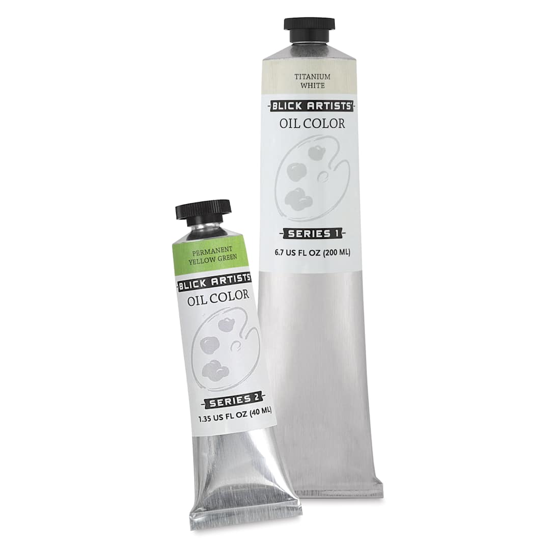 Open in modal - Blick Artists' Oil Paints, Titanium White 200 ml tube and Permanent Yellow Green 40 ml tube