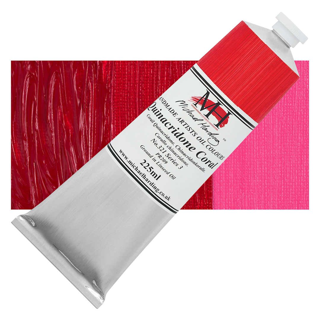 Open in modal - Michael Harding Artists Oil Color - Quinacridone Coral, 225 ml tube and swatch