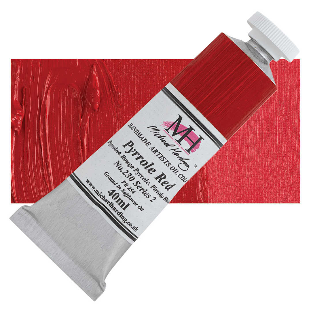 Open in modal - Michael Harding Artists Oil Paint - Pyrrole Red, 40 ml, Tube and swatch