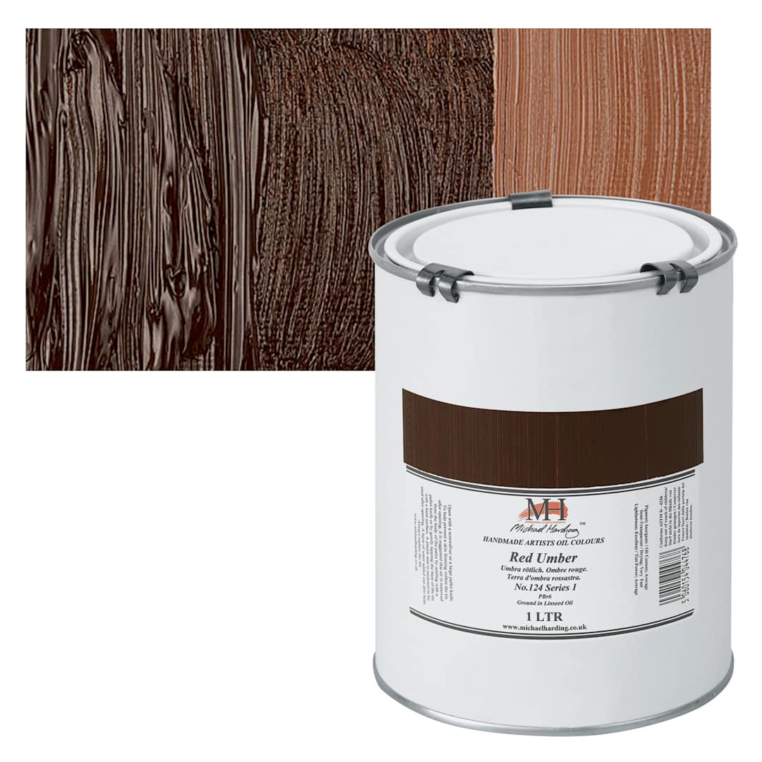 Open in modal - Michael Harding Artists Oil Paint - Red Umber, 1 Liter and swatch