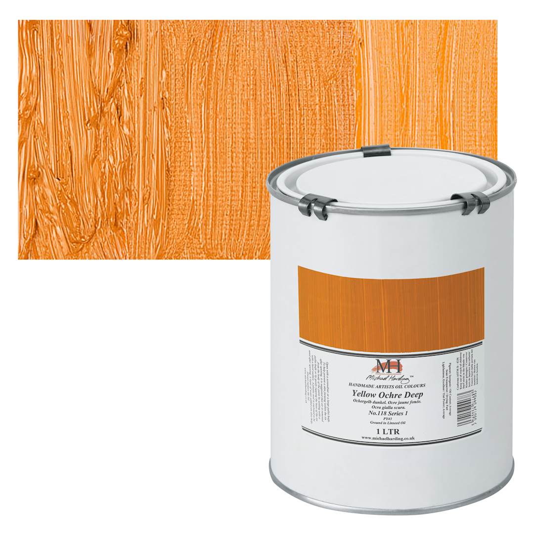 Open in modal - Michael Harding Artists Oil Paint - Yellow Ochre Deep, 1 Liter and swatch
