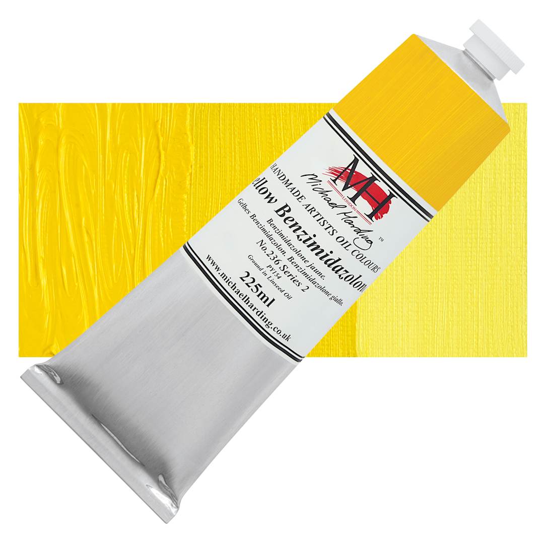 Open in modal - Michael Harding Artists Oil Color - Yellow Benzimidazolone, 225 ml tube and swatch