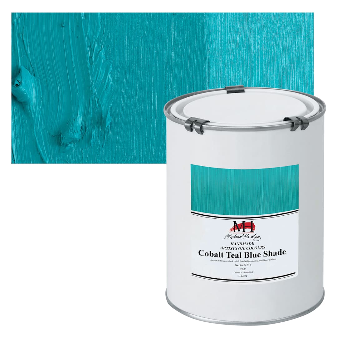 Open in modal - Michael Harding Artists Oil Paint - Cobalt Teal Blue Shade, 1 Liter and swatch